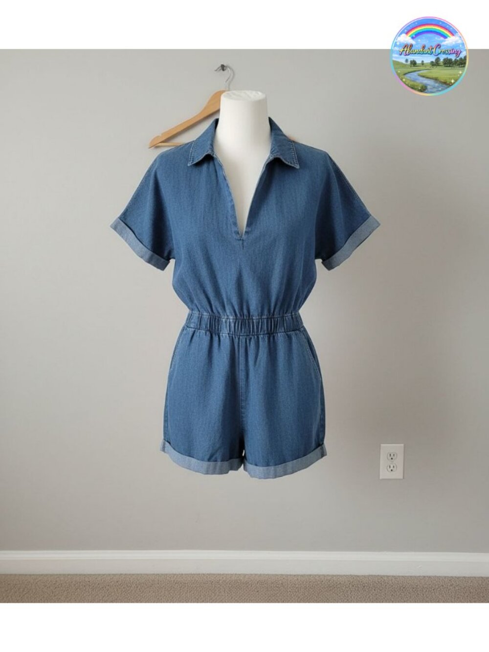 Women's Distressed Denim Jumpsuit Short Sleeve Button Down Romper